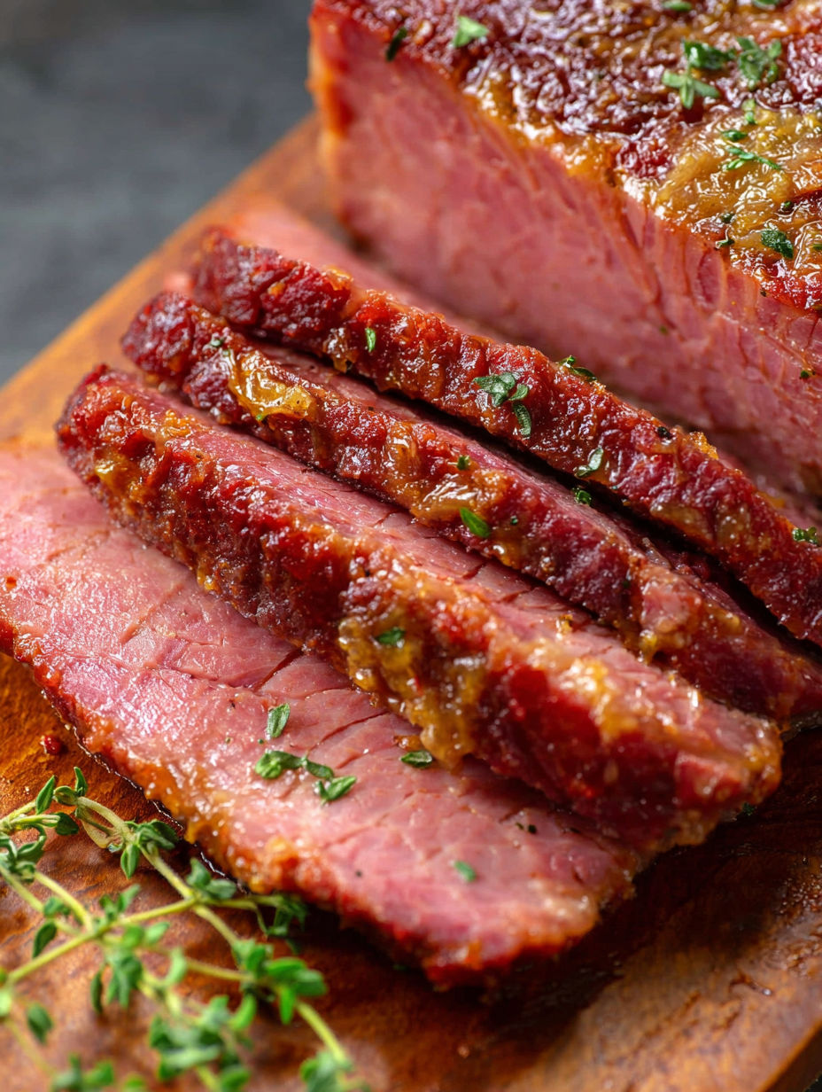 A piece of corned beef on a wooden cutting board.