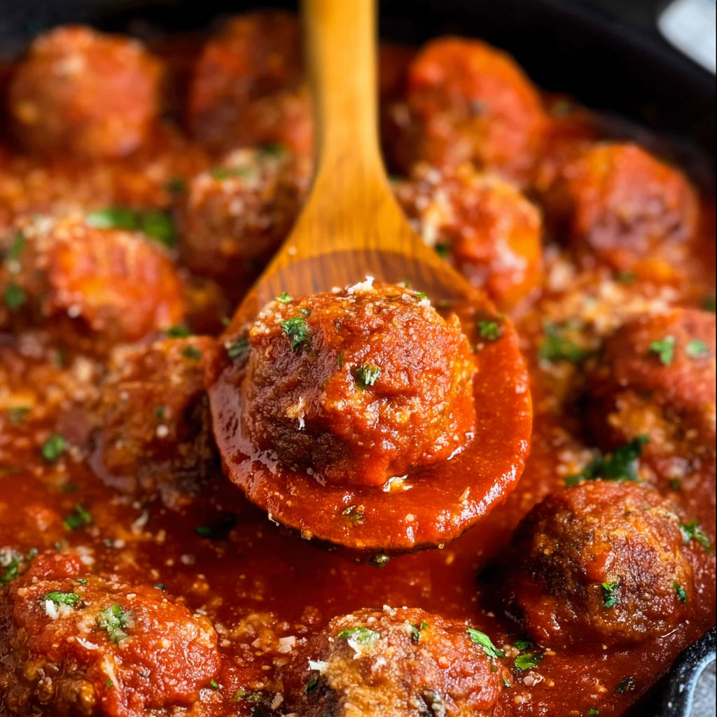 A wooden spoon in a bowl of meatballs.
