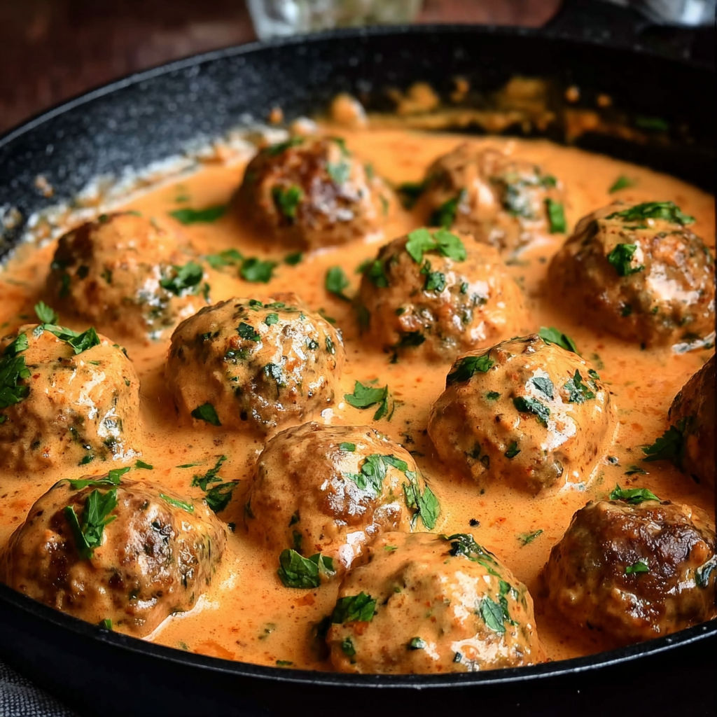 A pan of creamy tomato basil meatballs.