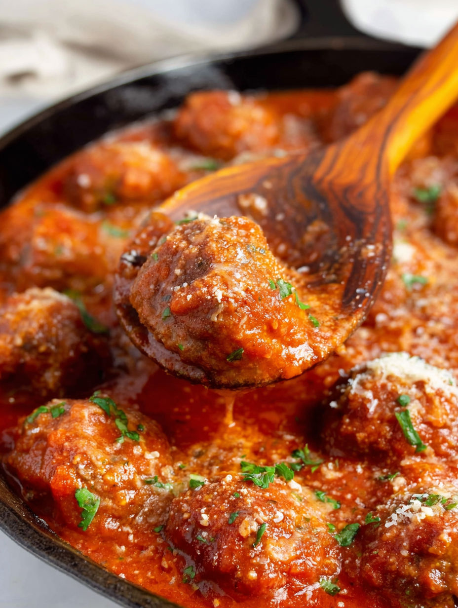 A wooden spoon in a bowl of meatballs.