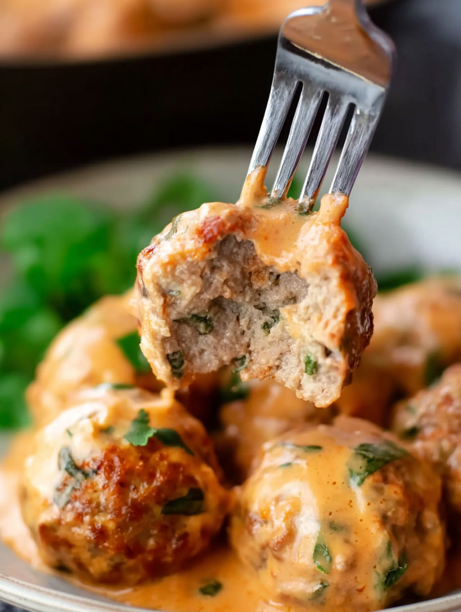 A fork is being used to eat creamy tomato basil meatballs.