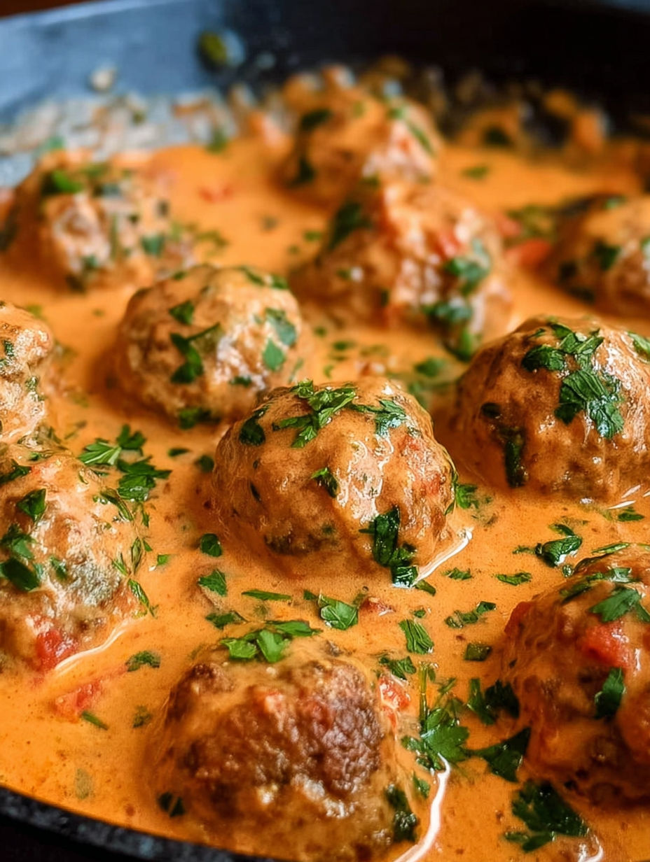 Meatballs in a creamy tomato basil sauce.