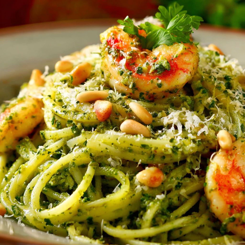 A plate of pasta with shrimp and pesto.