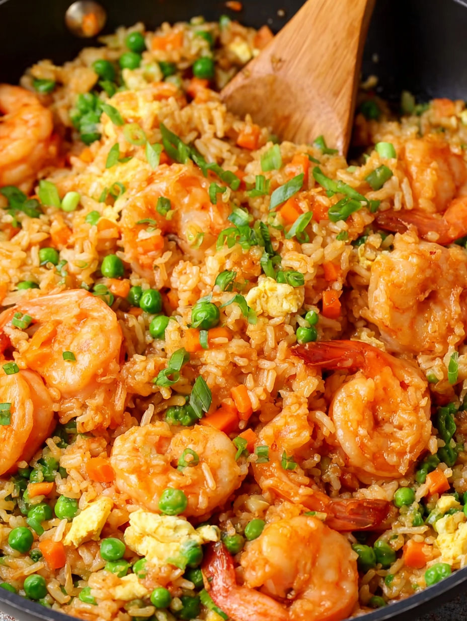 A close up of a plate of shrimp fried rice.