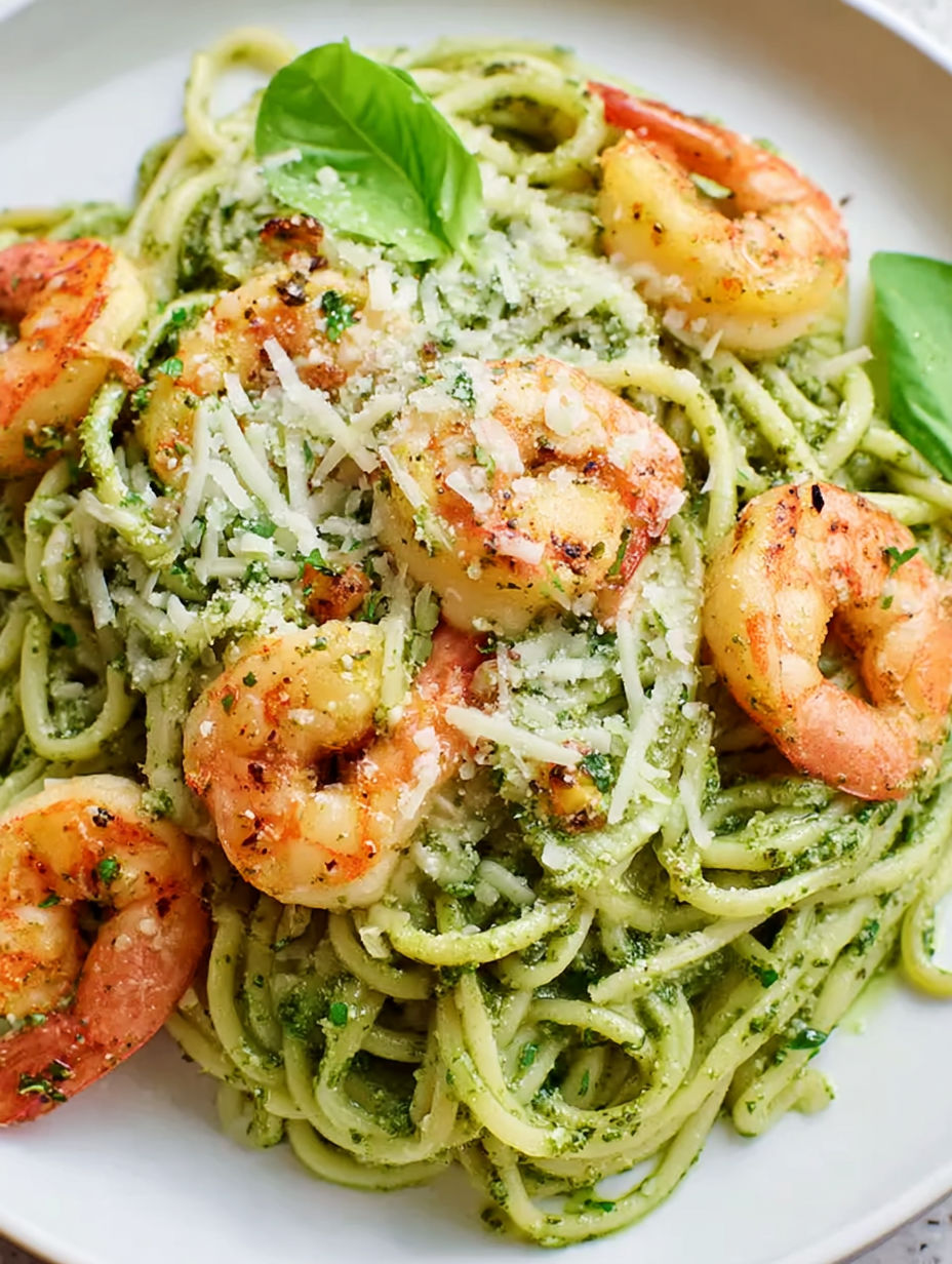 A plate of shrimp pesto pasta.