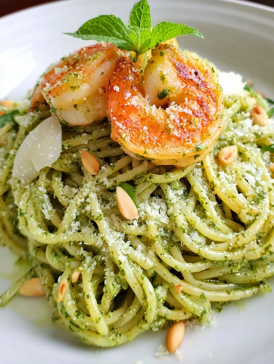 A plate of pasta with shrimp and pesto.