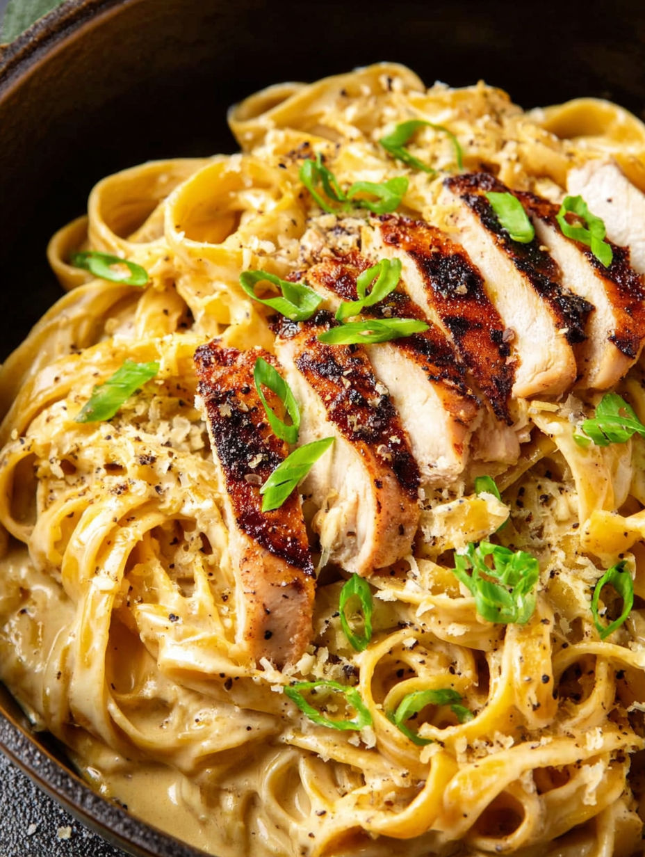 A dish of pasta with chicken and lemon pepper seasoning.