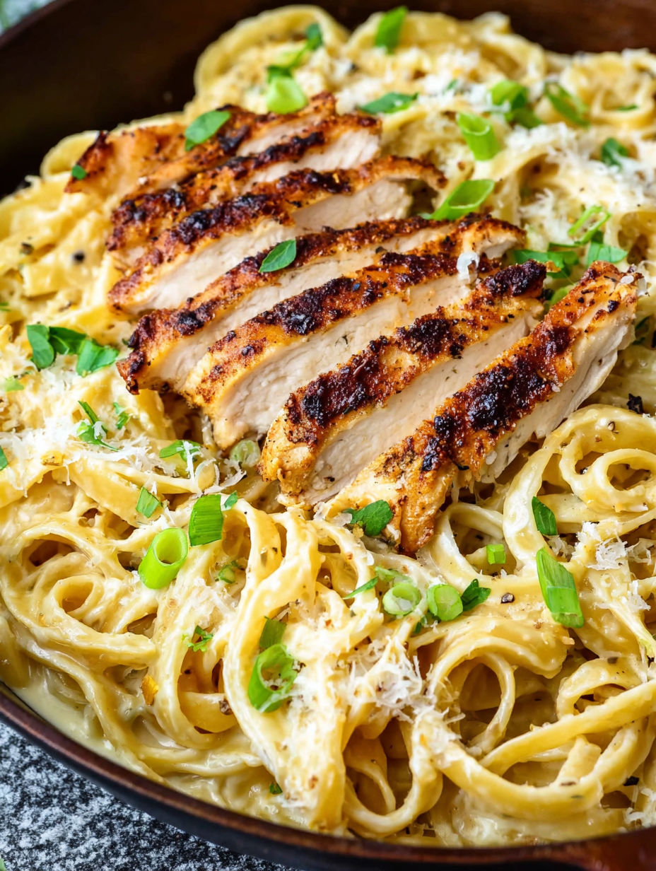 A plate of pasta with chicken and cheese.