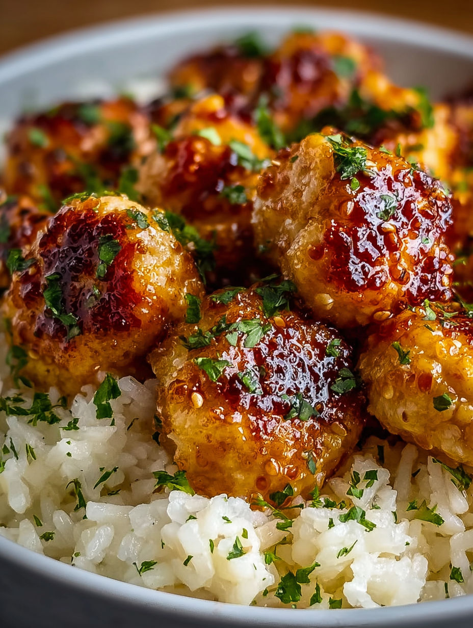 A bowl of rice with honey garlic chicken bites.