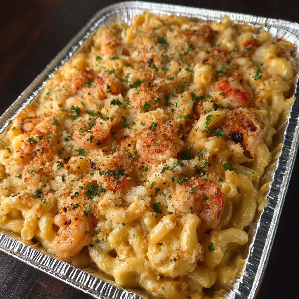 A seafood mac and cheese bake in a tin.