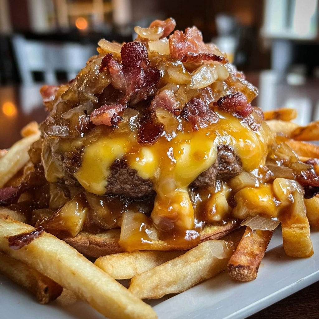 A plate of food with a maple glazed bacon cheeseburger poutine.