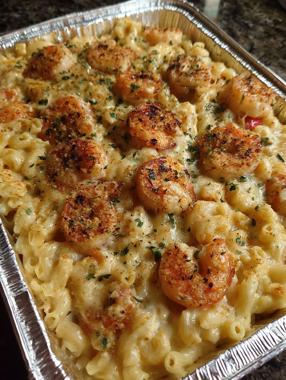 A seafood mac and cheese bake in a tin.