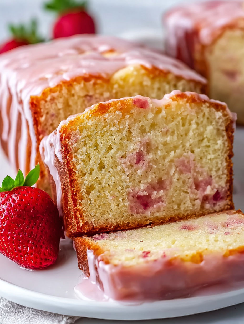 A slice of moist strawberry pound cake.