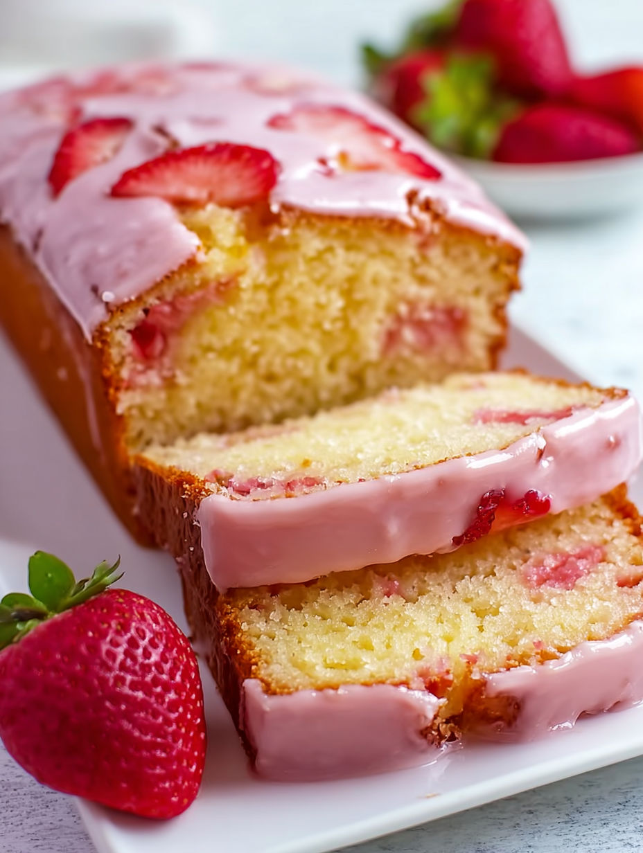 A slice of moist strawberry pound cake.