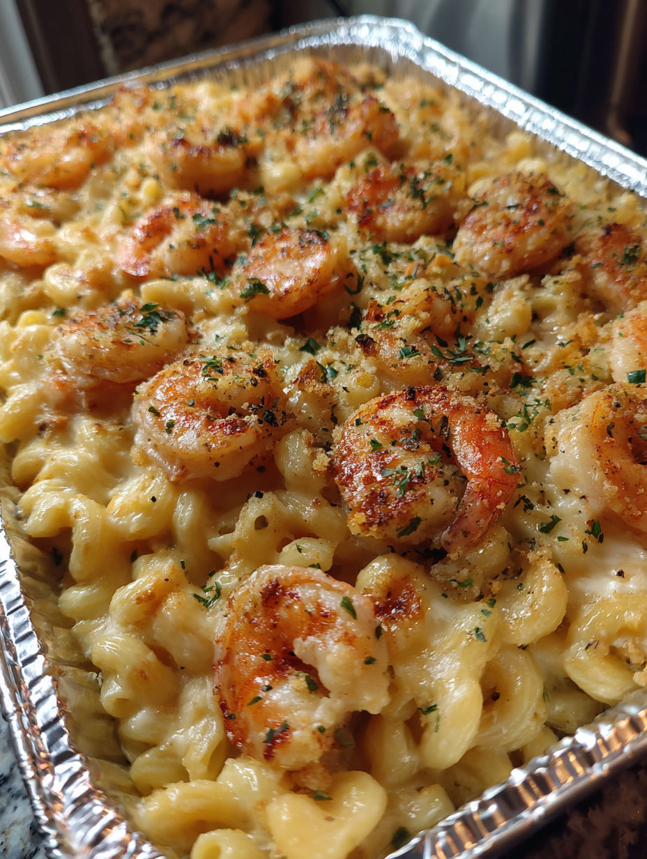 A baked seafood mac and cheese dish.