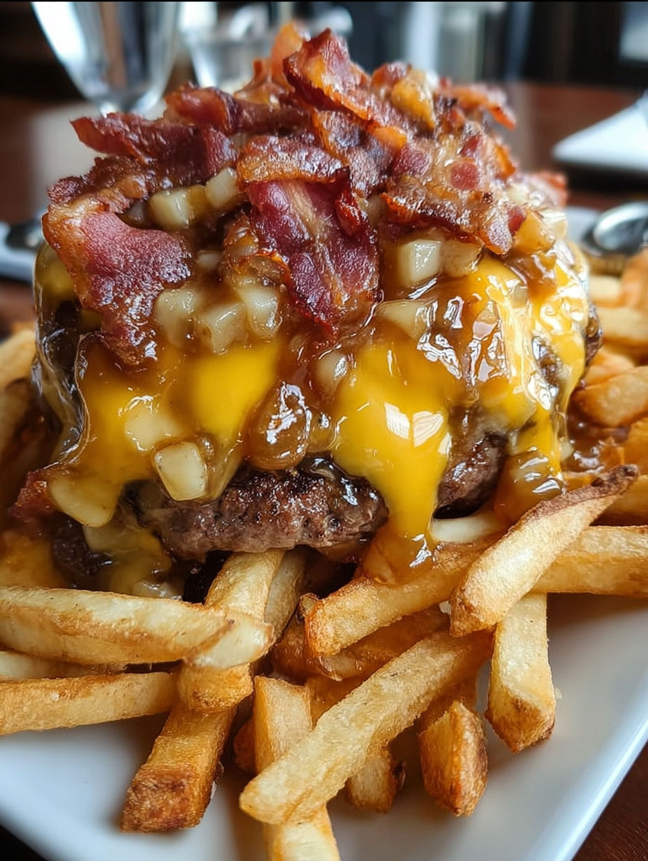 A plate of french fries with a maple glazed bacon cheeseburger on top.