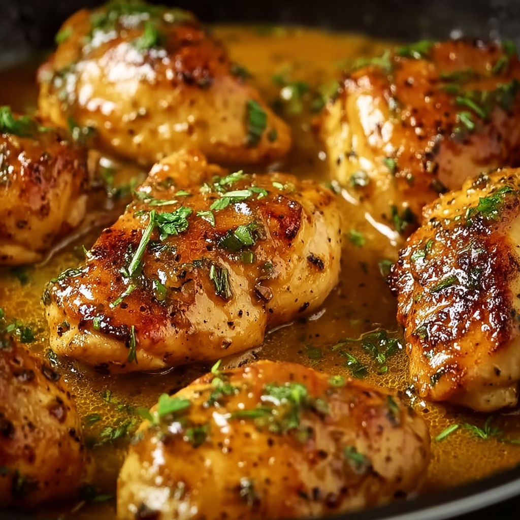 Chicken pieces in a skillet with a sauce.