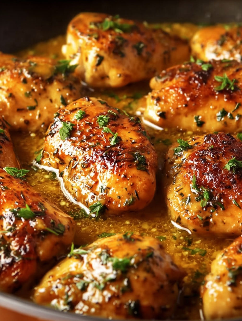 Chicken pieces in a skillet with sauce.