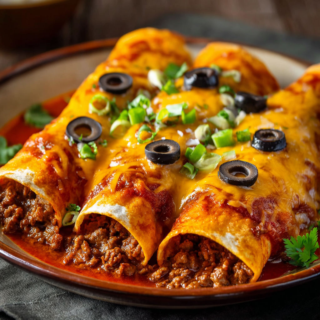 A plate of beef enchiladas with flour tortillas.
