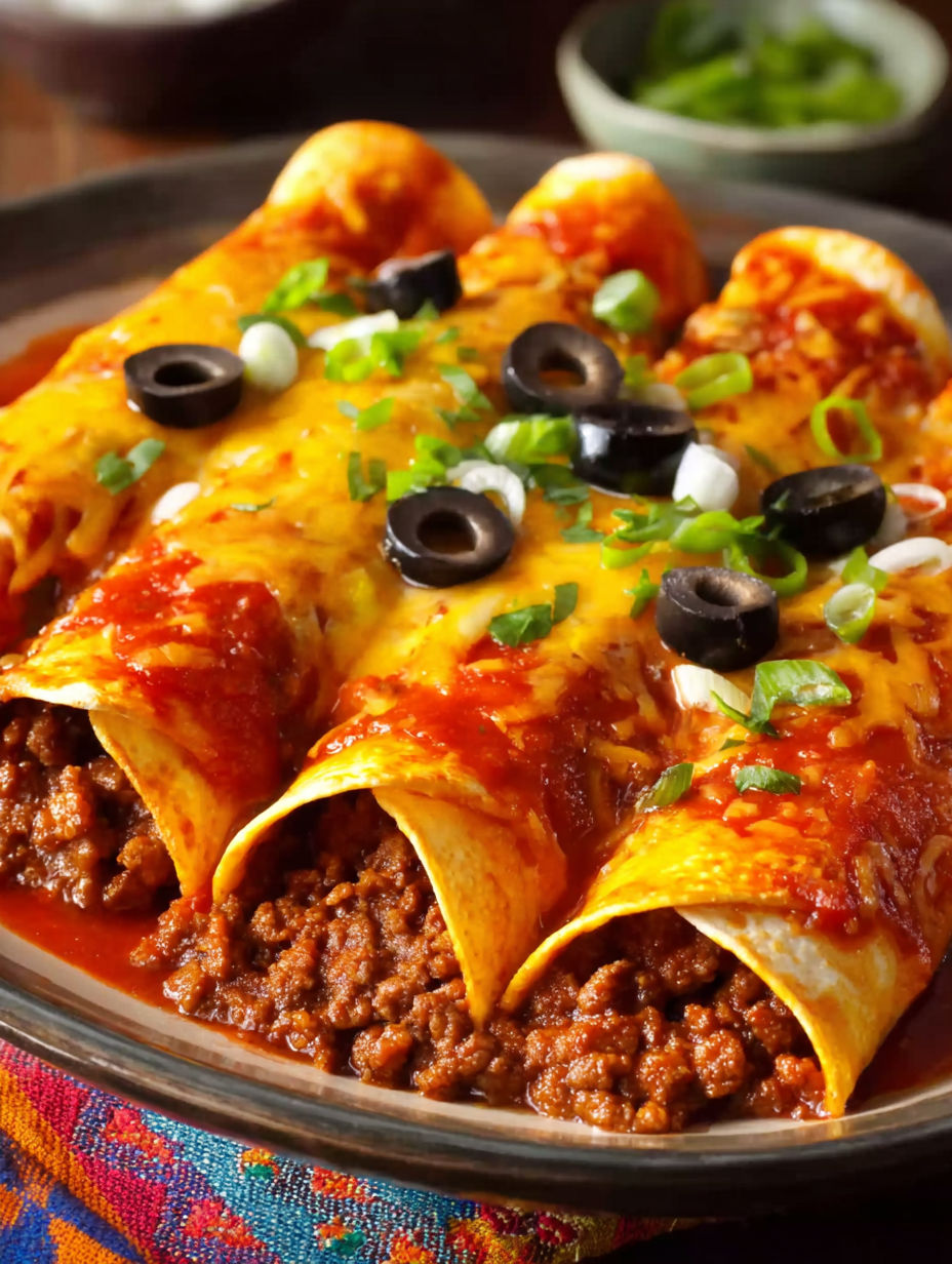 A plate of beef enchiladas with flour tortillas.
