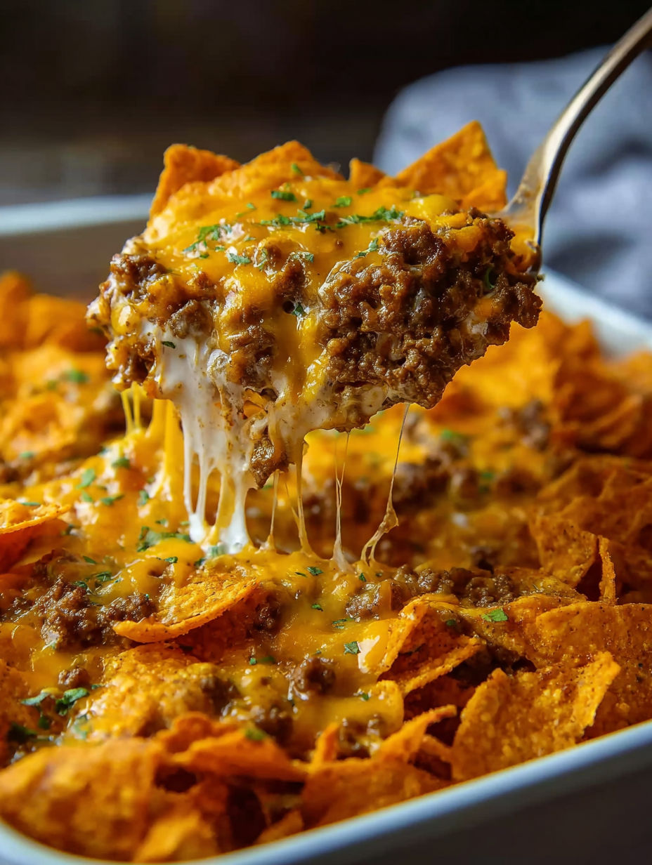 A fork is being used to eat a cheesy Dorito casserole.
