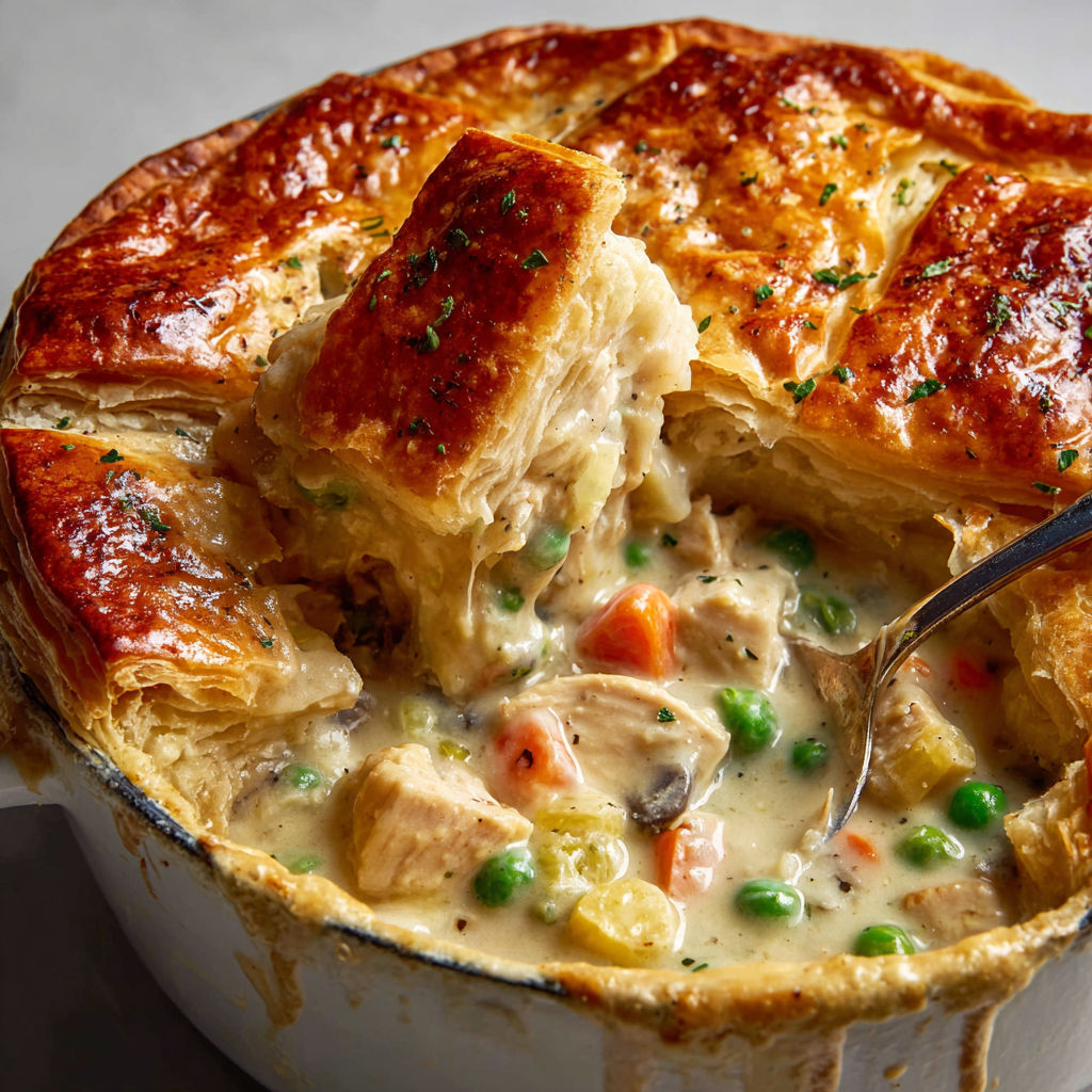 A close up of a pot pie with a fork in it.