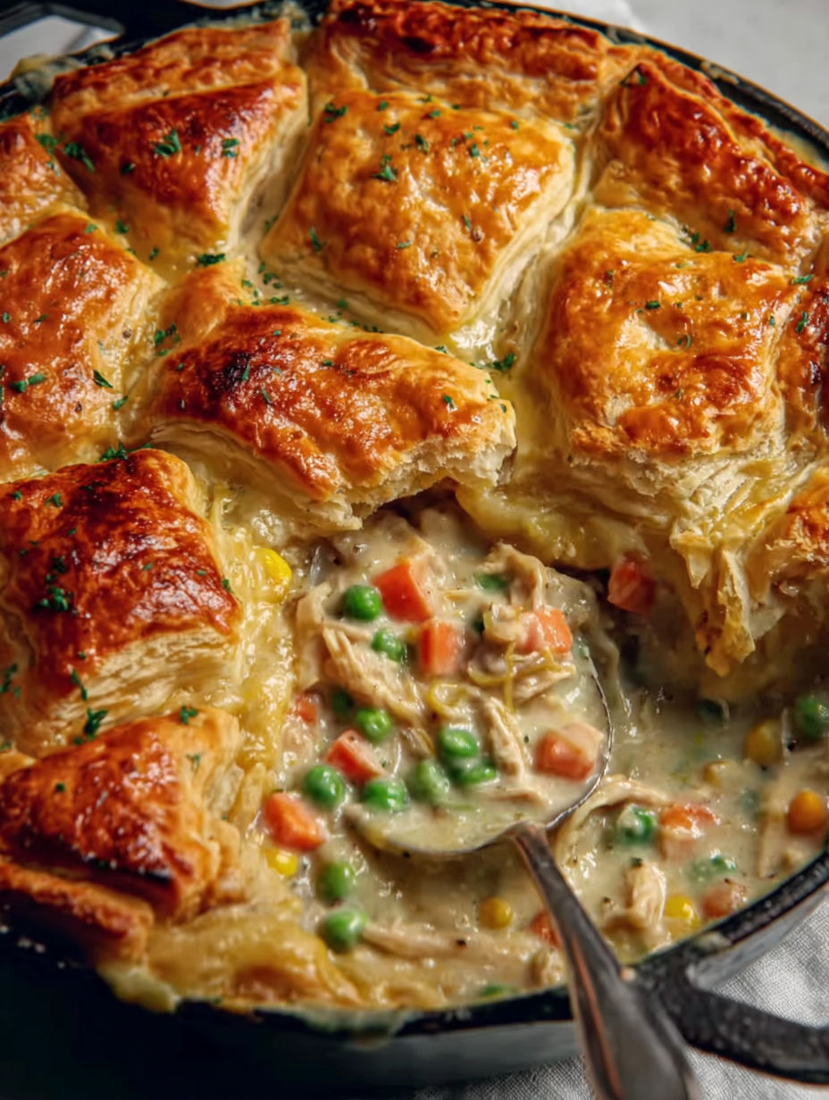 A close up of a pot pie with a spoon in it.