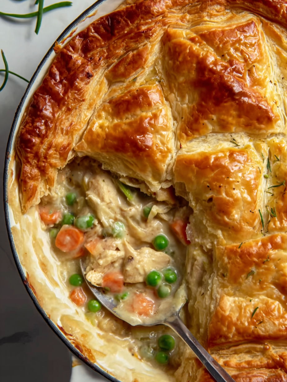 A close up of a pot pie with a spoon in it.