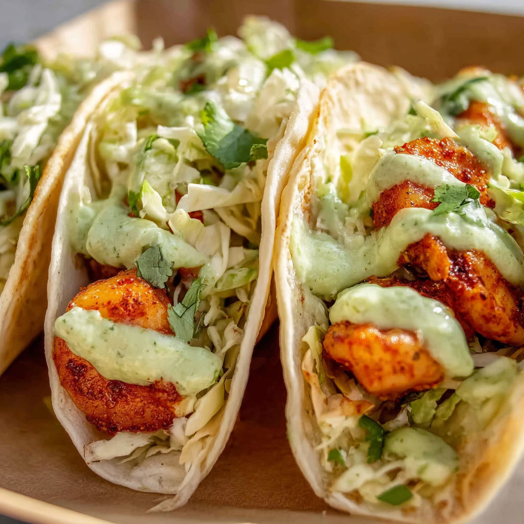 Two shrimp tacos with lettuce and sauce.