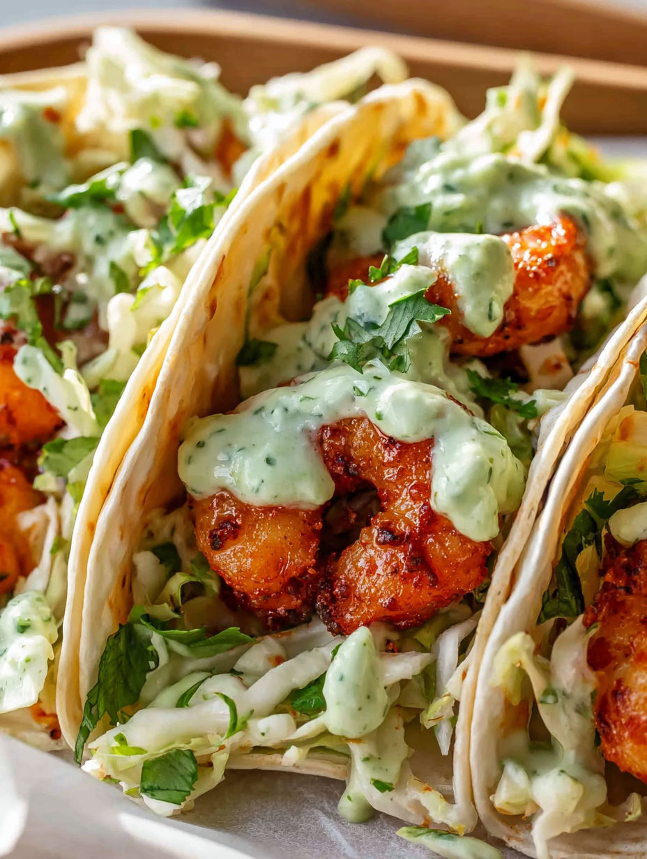 Shrimp tacos with sauce and lettuce.
