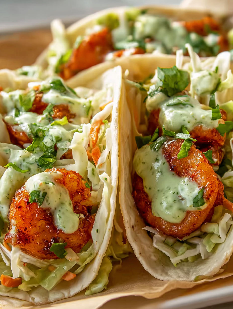 Shrimp tacos with sauce and lettuce.