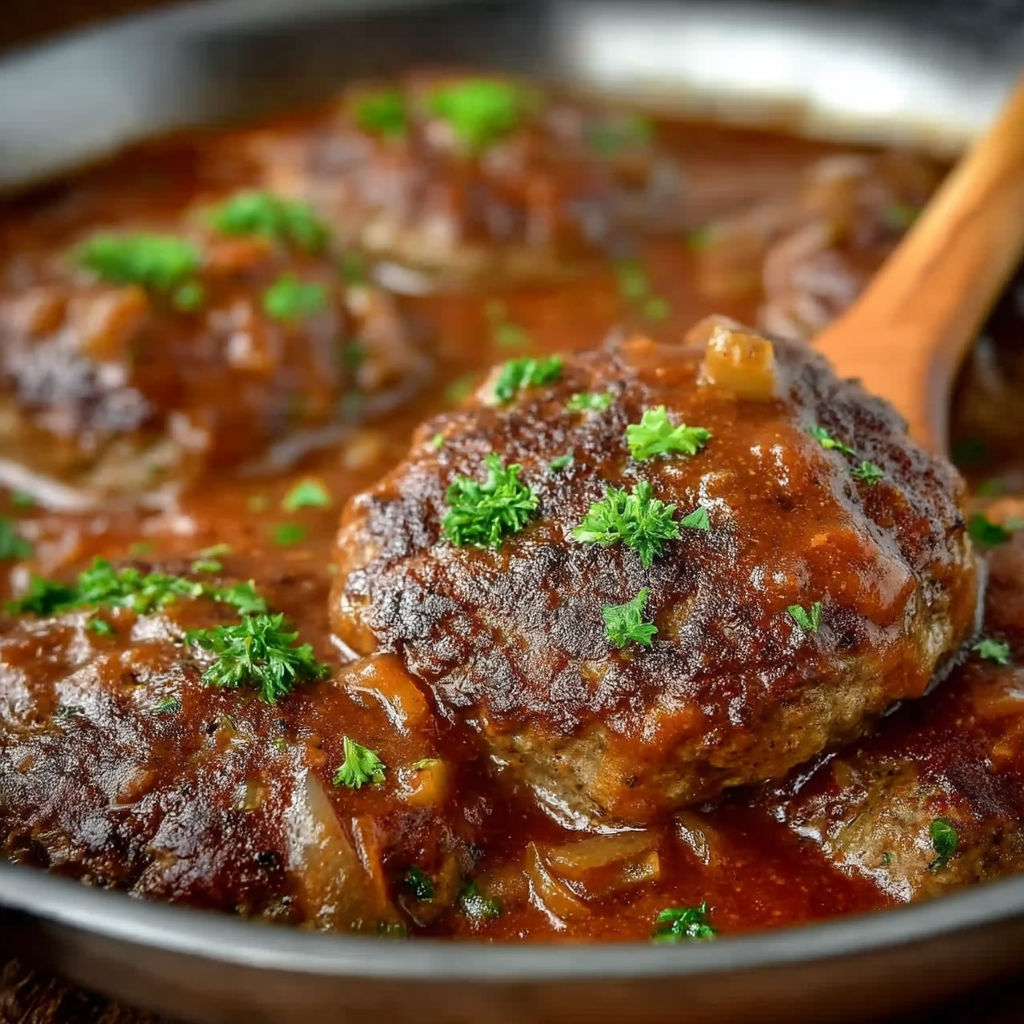 A pan of meat with onions and herbs.