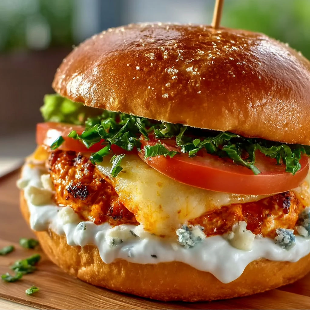 A close up of a buffalo chicken burger.