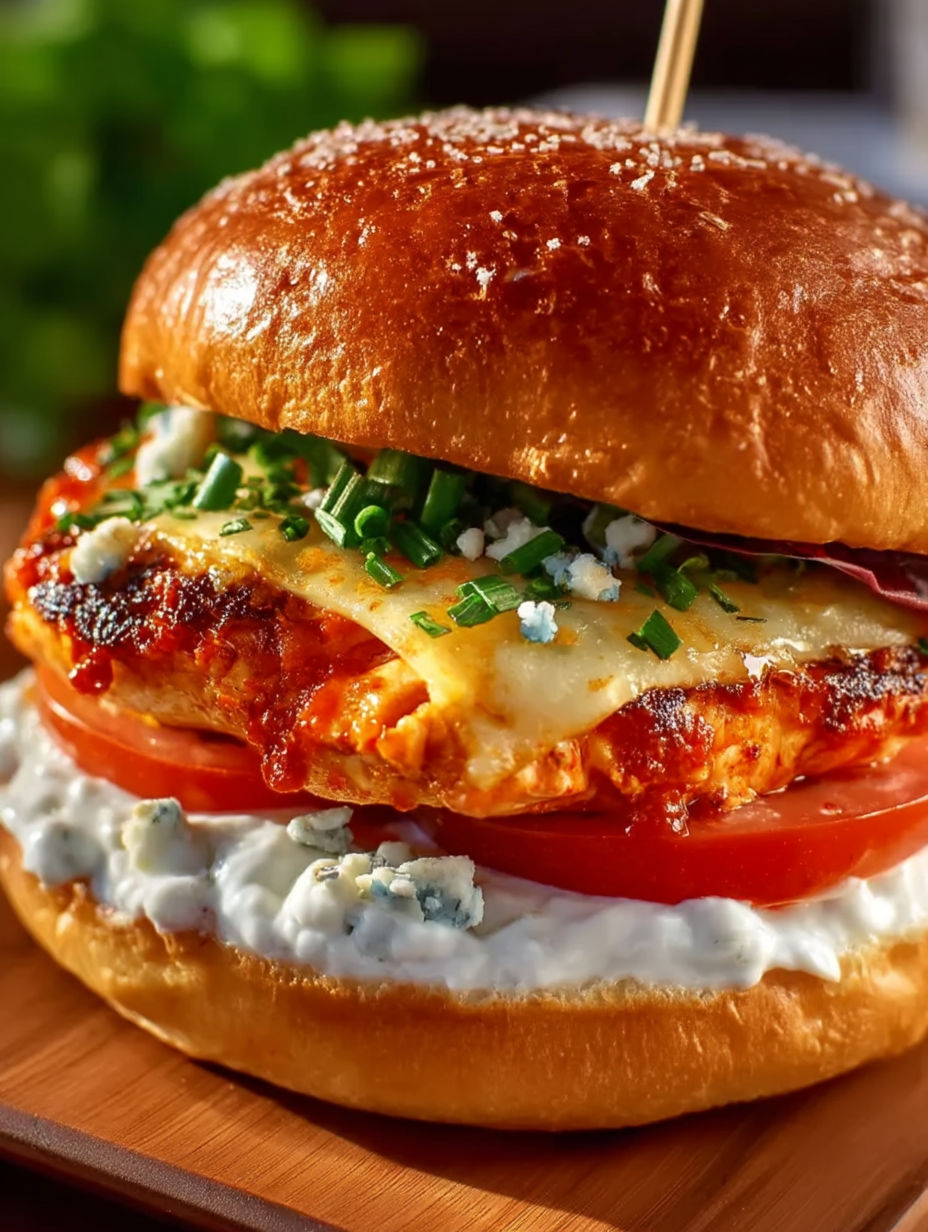 A close up of a buffalo chicken burger.