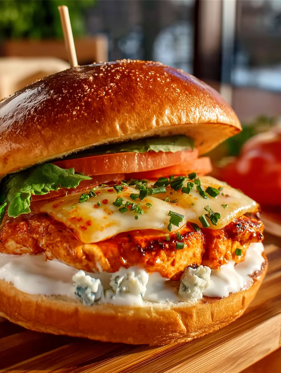 A close up of a buffalo chicken burger.