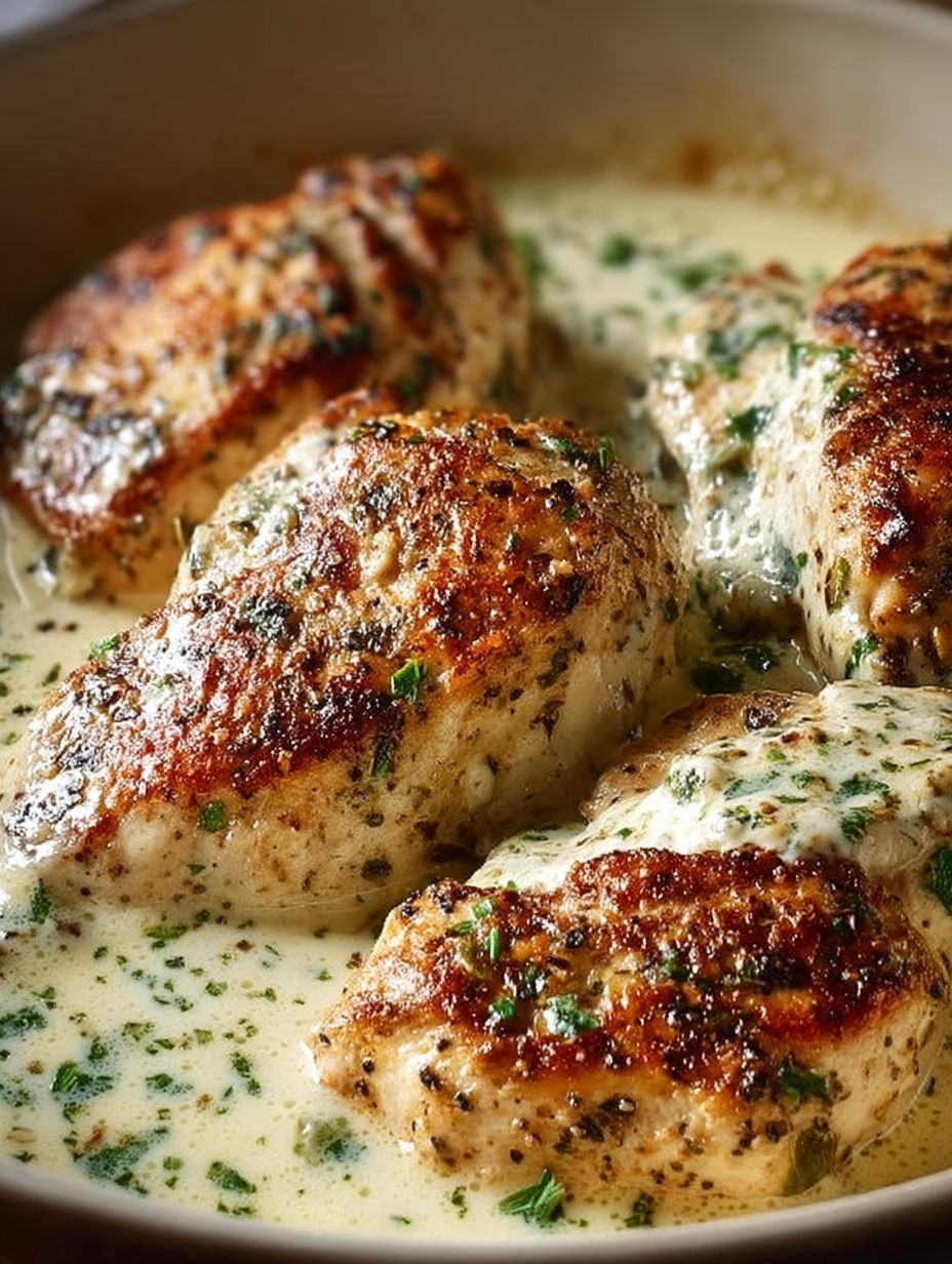 Baked chicken with cream cheese and herbs.