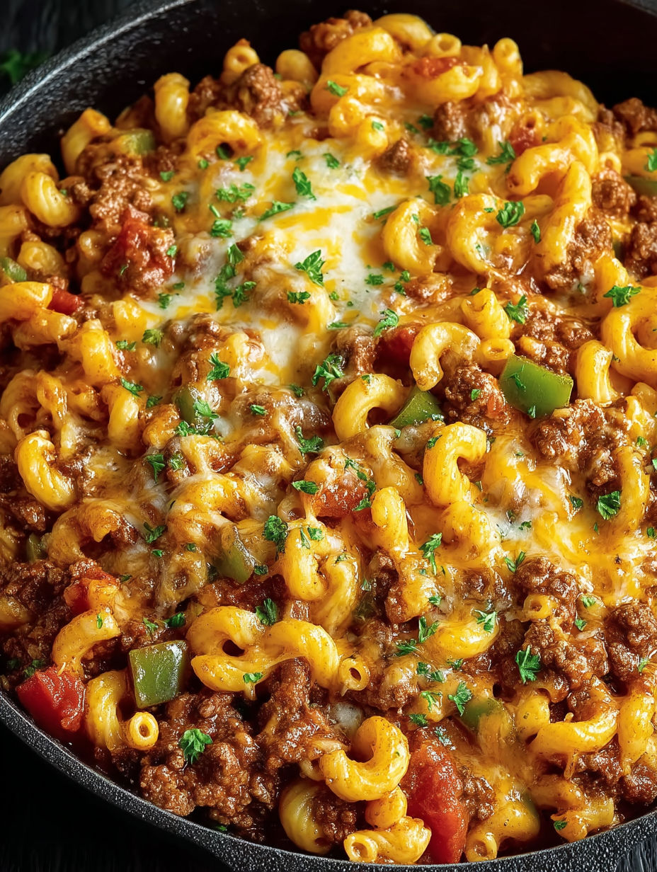 A close up of a delicious 30-minute chili mac and cheese.