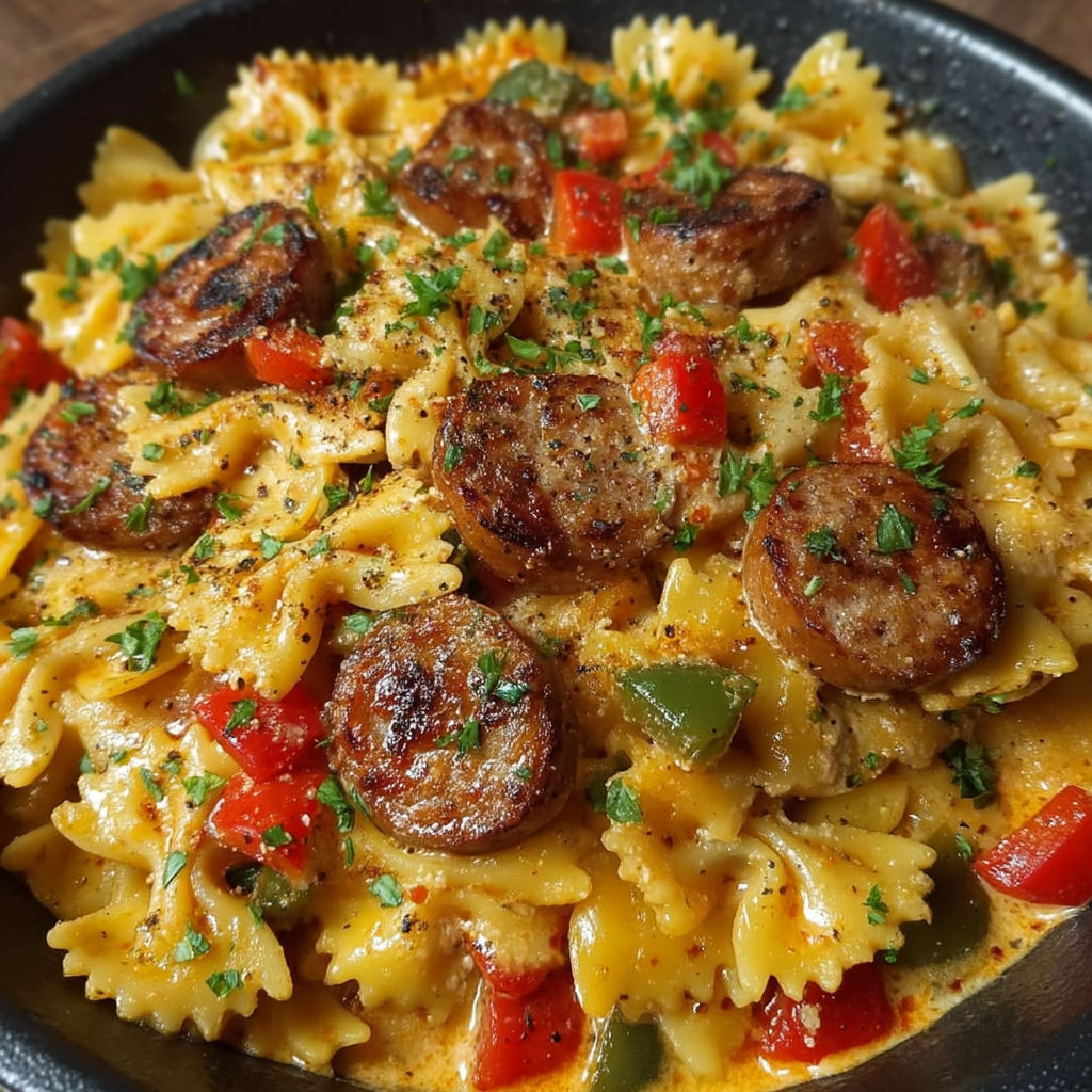 A dish of pasta with sausage and peppers.