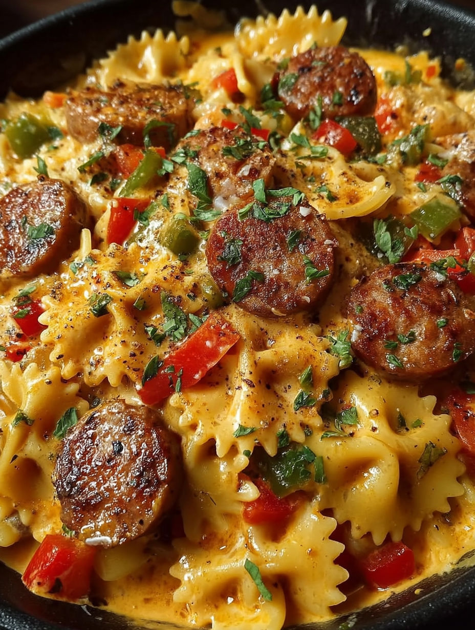 A plate of pasta with sausage and peppers.