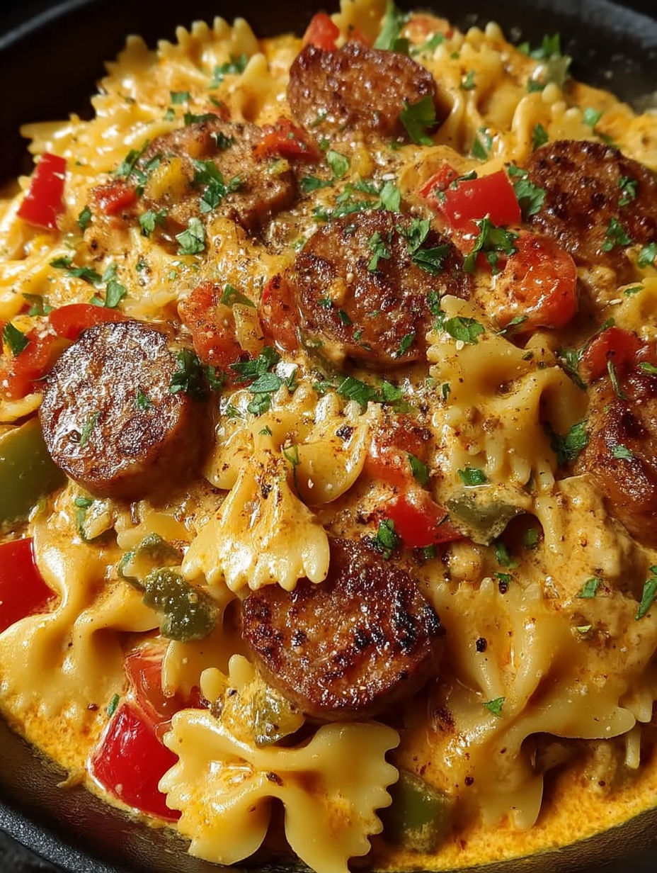 A plate of pasta with sausage and tomatoes.