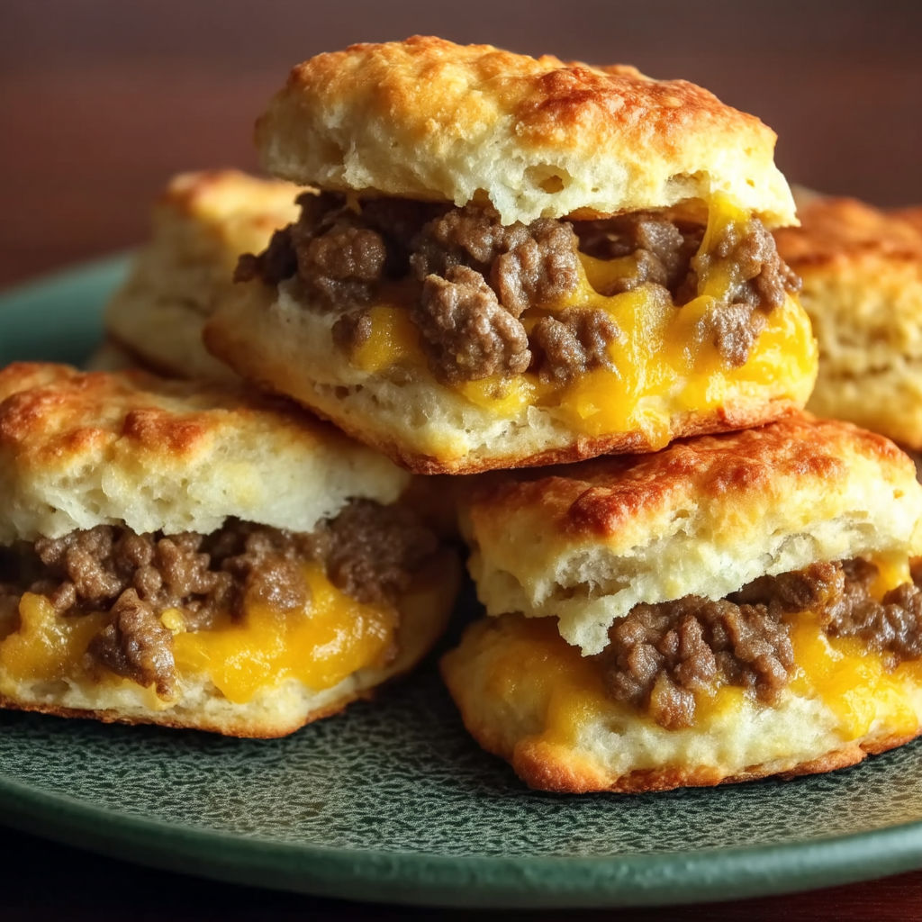 A plate of chopped cheeseburger biscuits bake.
