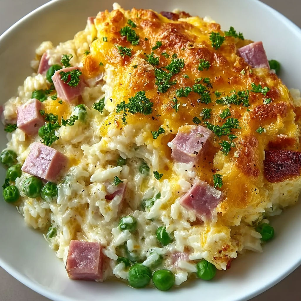 A white bowl filled with a cheesy ham and pea casserole.