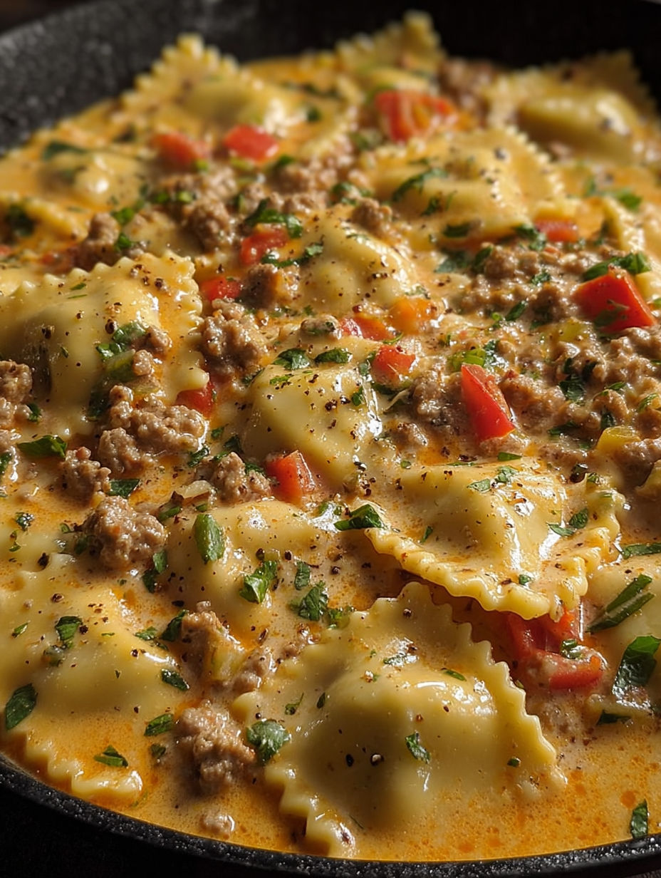 A bowl of creamy cajun sausage ravioli.