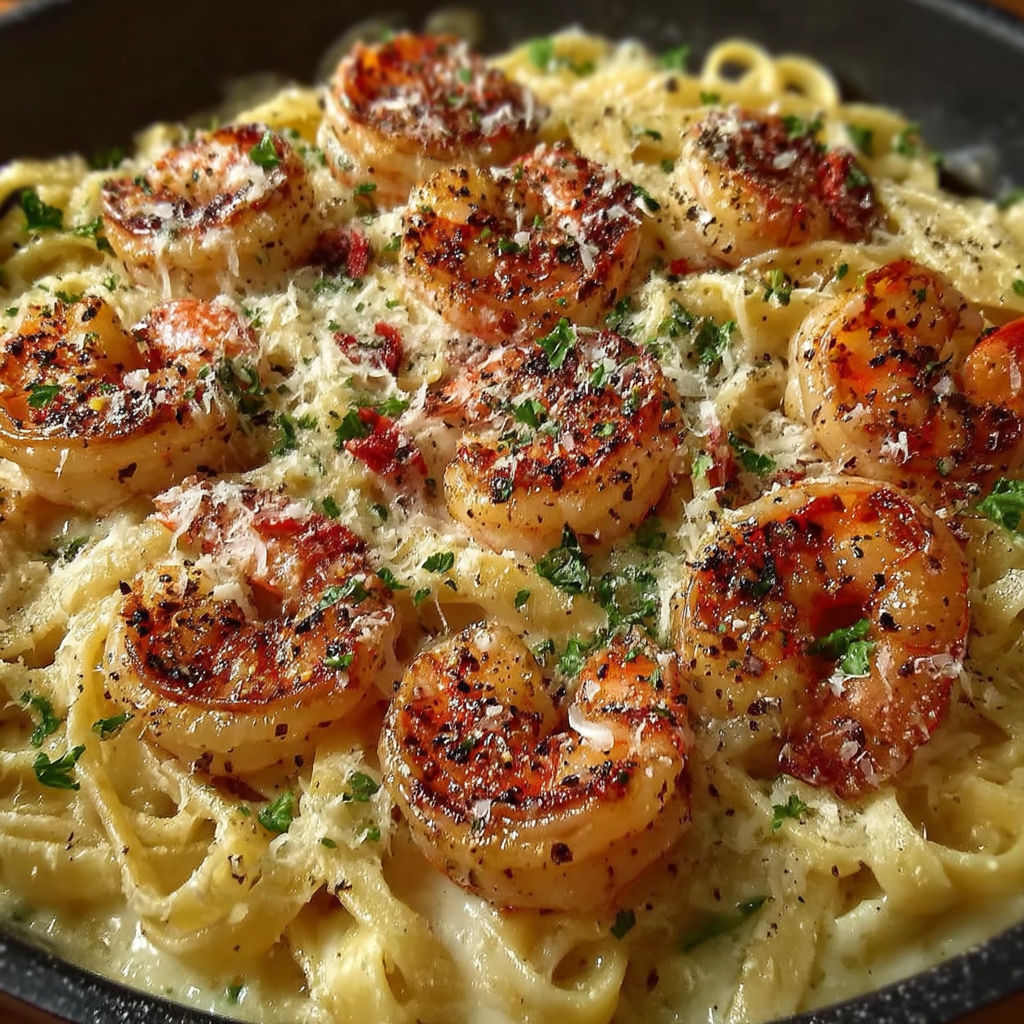 A delicious one pan shrimp fettuccine alfredo.