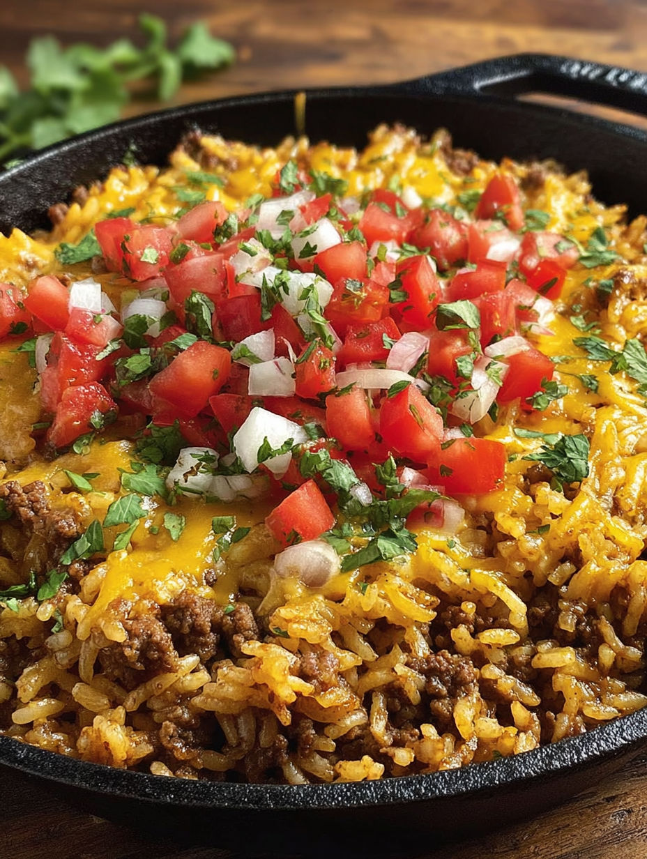A delicious cheesy taco rice skillet dinner.