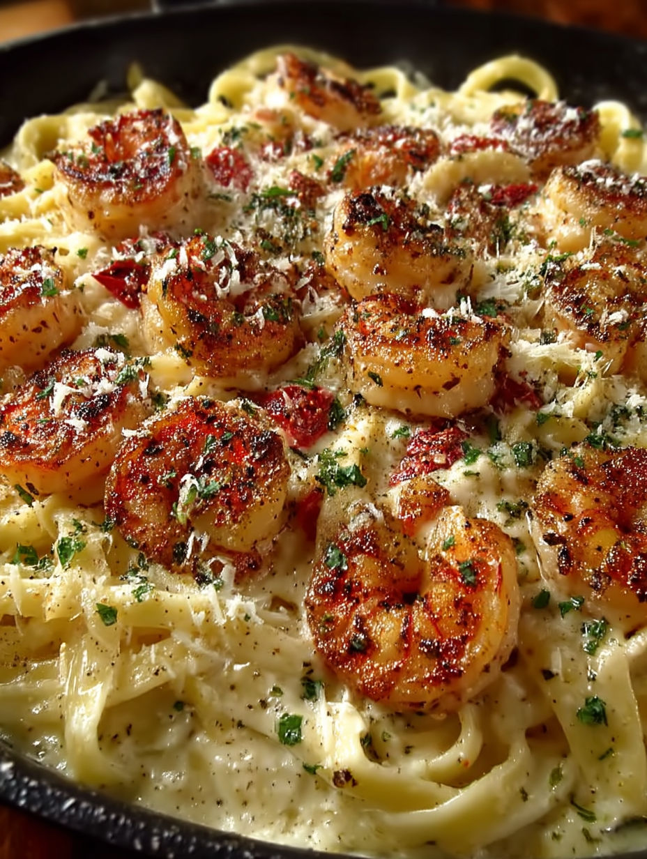 A close up of a delicious one pan shrimp fettuccine alfredo.