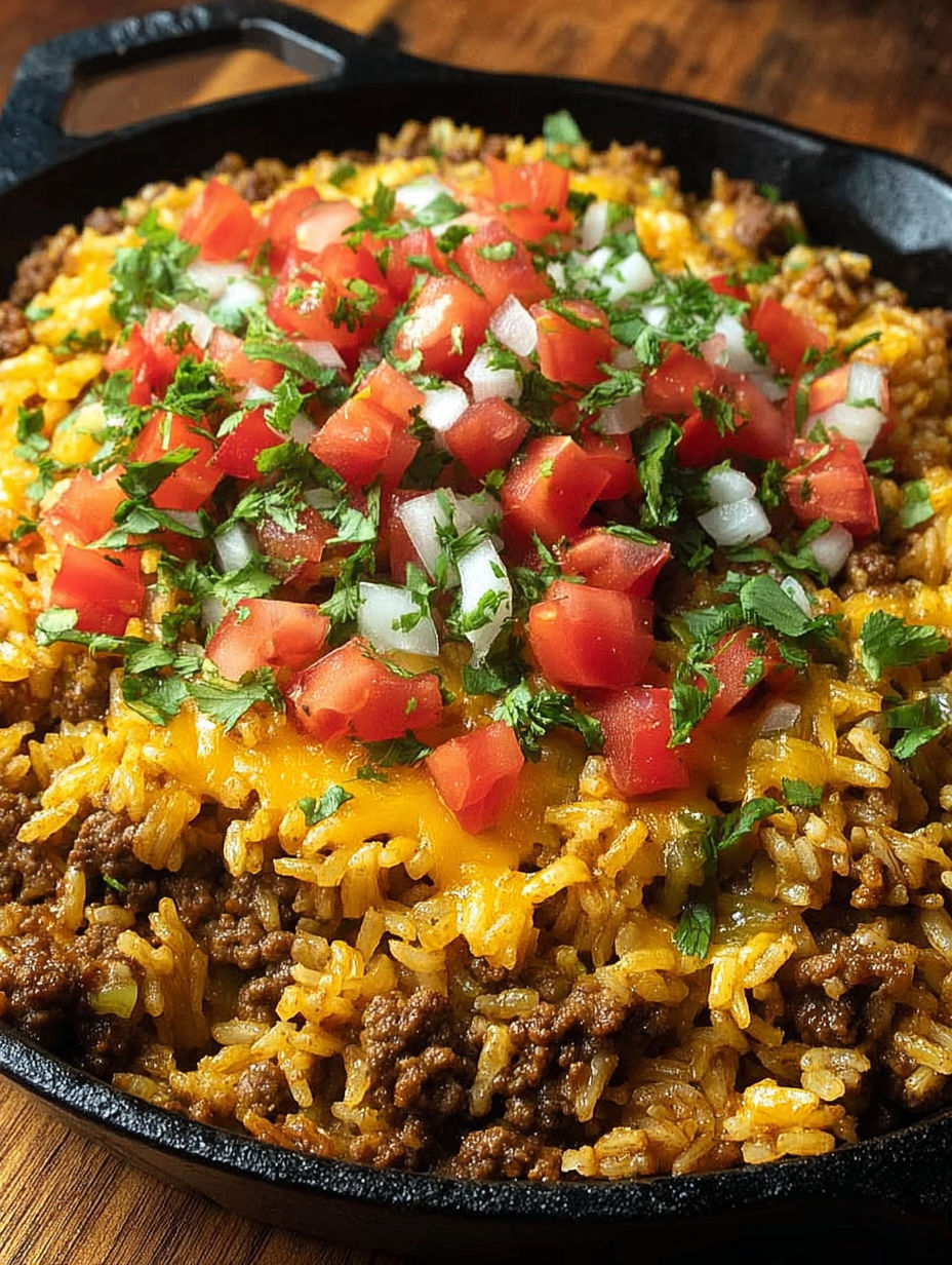 A delicious cheesy taco rice skillet dinner.