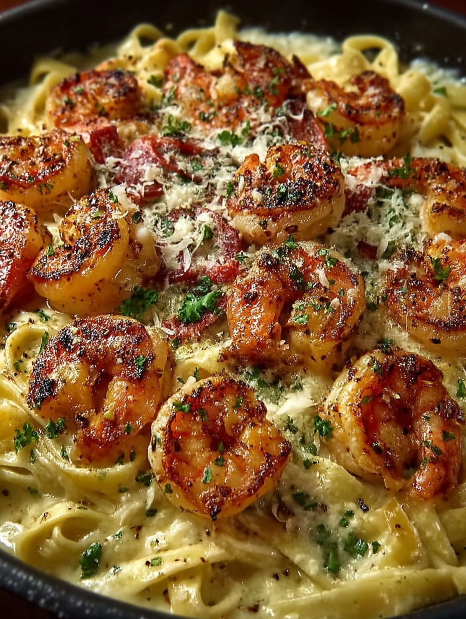 A dish of shrimp fettuccine alfredo.