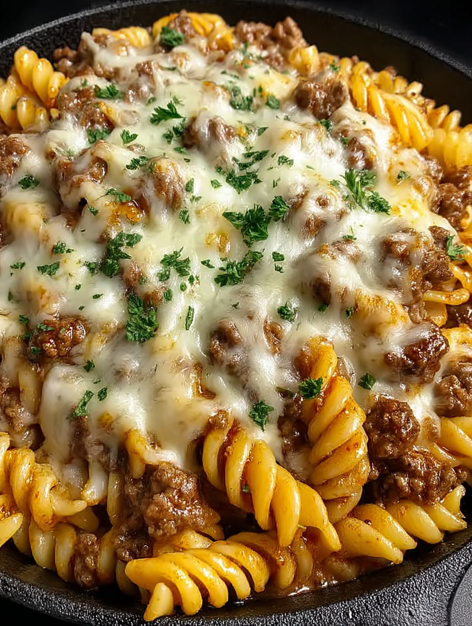 A close up of a cheese steak hamburger helper.
