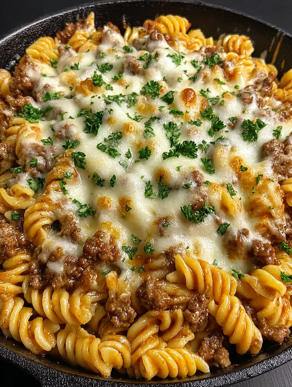 A close up of a cheese steak hamburger helper.